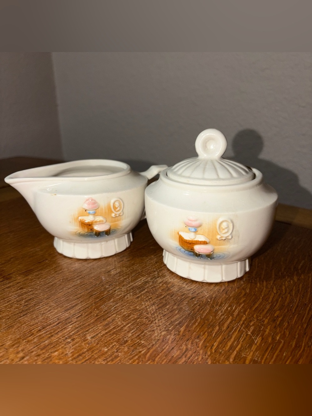 Porcelier "Colonial Hearth" Sugar Bowl And Creamer